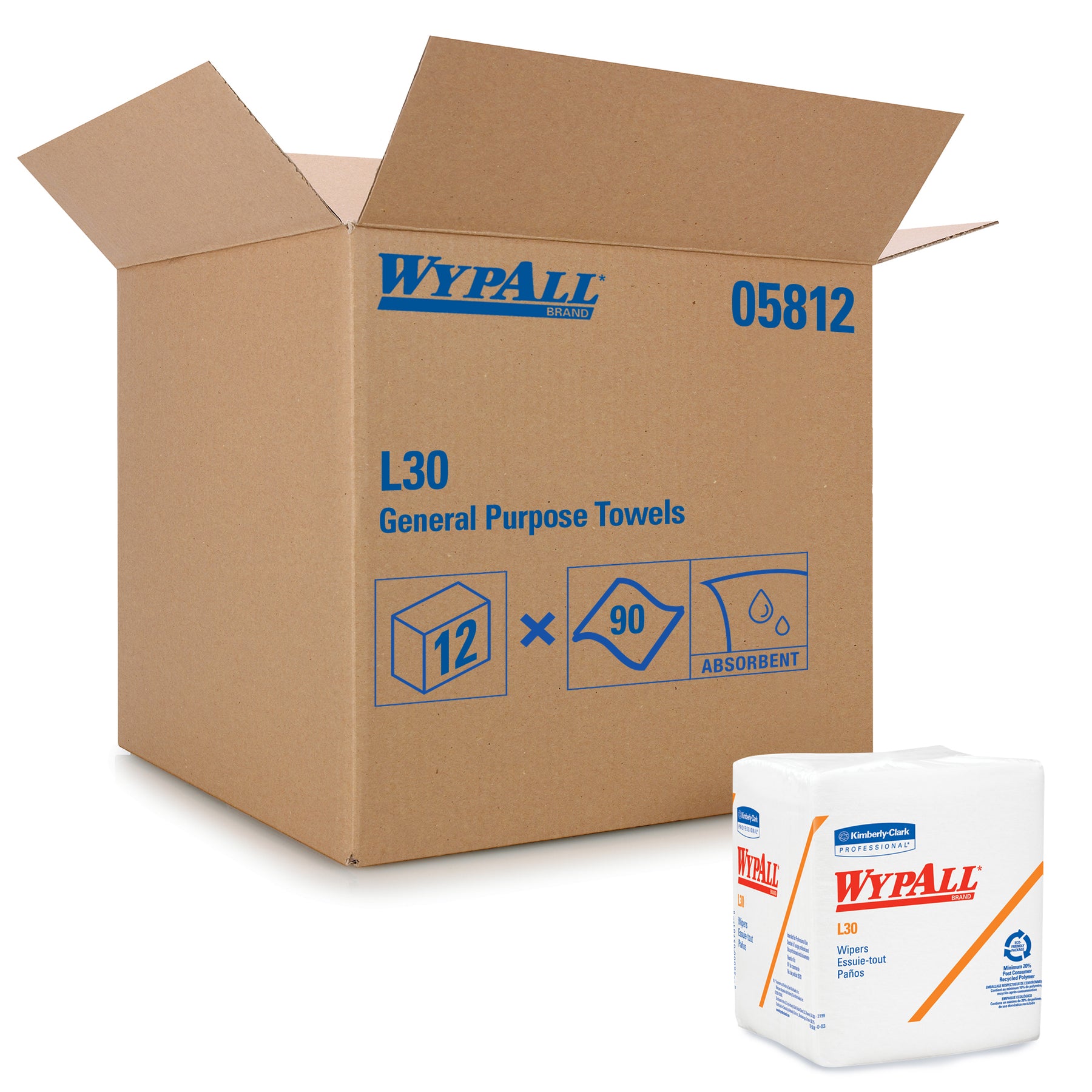 Wypall 05812 WypAll L30 Wipers White 12.5" x 12" 1/4 Fold 90 Wipes, 12/CS