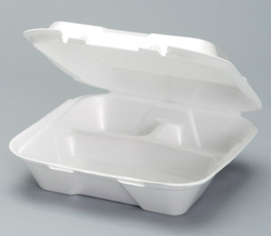 Genpak SN203 Large 3-Comp Hinged Container 9.25" x 9.25" x 3" White Foam 200/CS