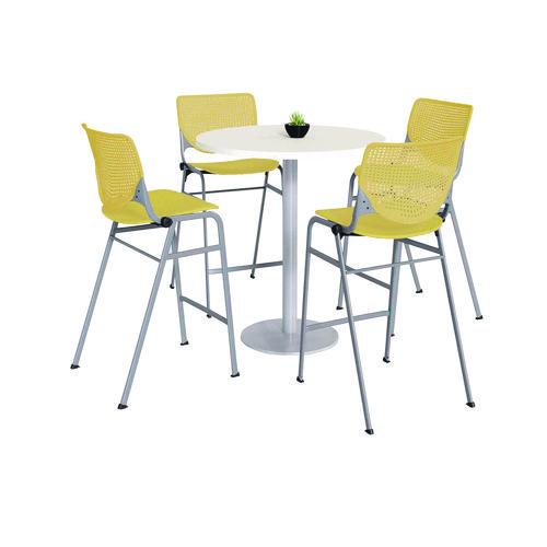 KFI Studios 811774037099 Pedestal Bistro Table with Four Yellow Kool Series Barstools, Round, 36"Dia x 41h, Designer White