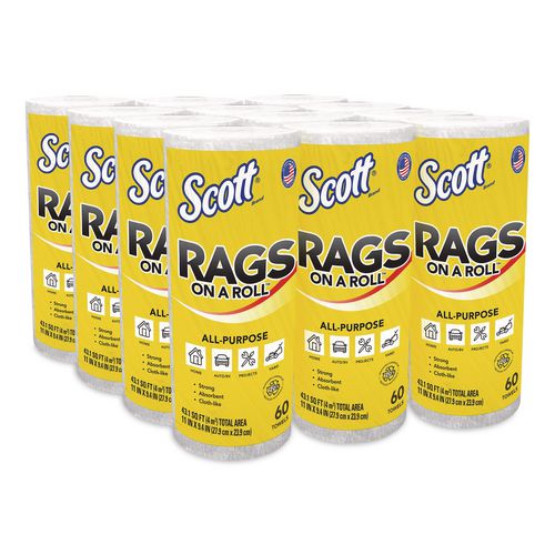 Scott 54992 Rags On A Roll, 1-Ply, 9.4 x 11, White, 60/Roll, 12 Rolls/Carton
