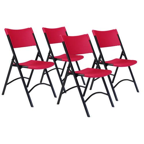 NPS 640 600 Series Heavy Duty Plastic Folding Chair, Supports Up to 500 lb, 18" Seat Height, Red Seat/Back, Black Base, 4/Carton