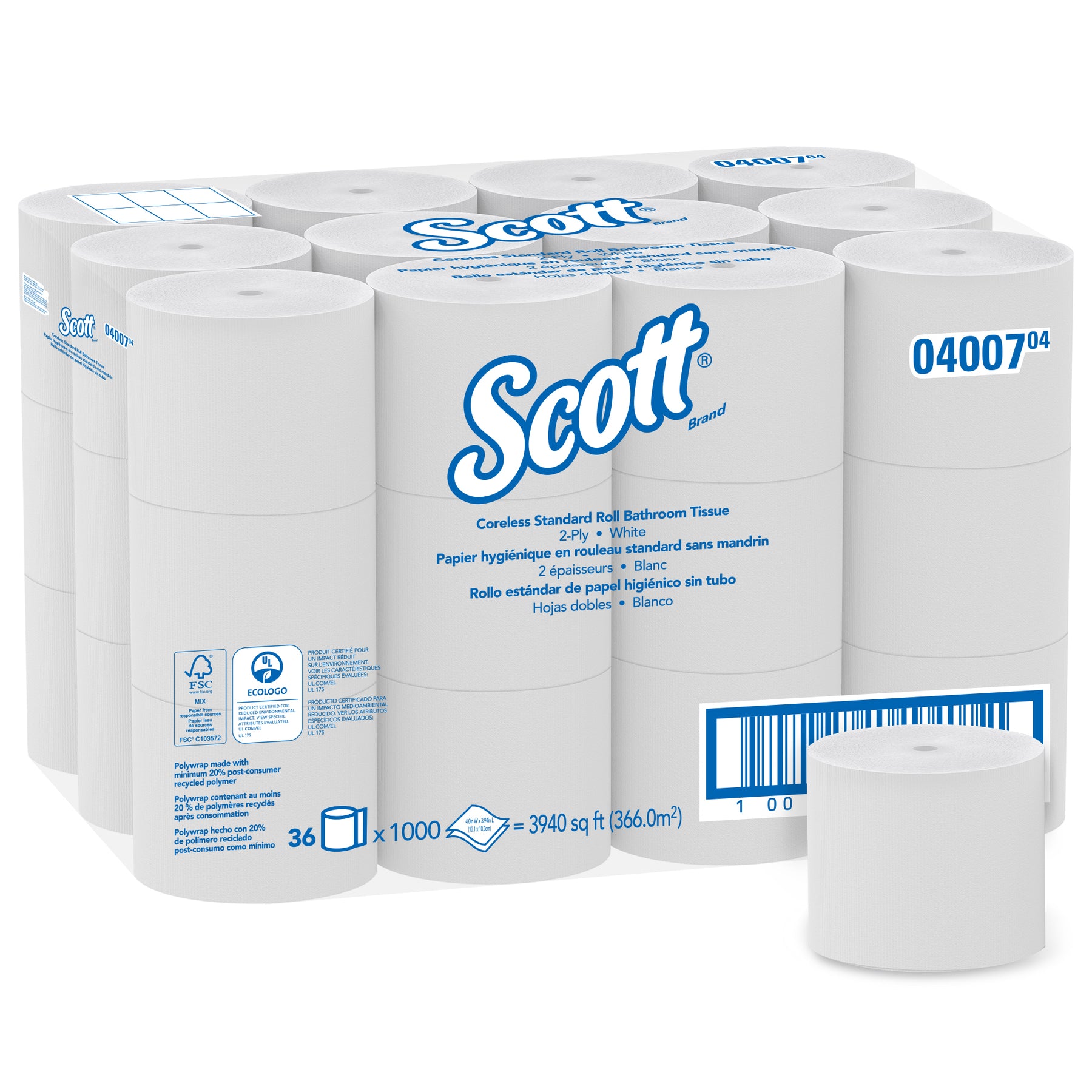 Scott 04007 Scott Standard Roll Bathroom Tissue Coreless White 4.0"x3.94" 1000 SHTS 36/CS