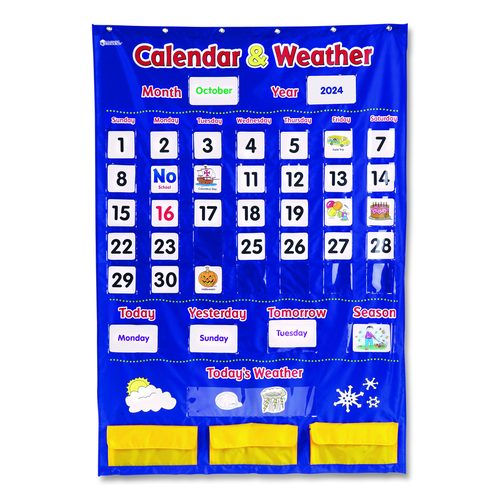 Learning Resources LER2418 Calendar and Weather Pocket Chart, 46 Pockets, 14.7 x 32.2, Blue, 136 Cards
