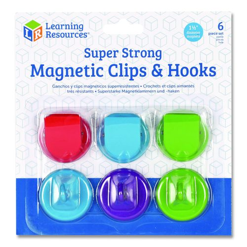 Learning Resources LER2691 Super Strong Magnetic Clips and Hooks, Small, 1.5" Diameter, Assorted Colors, 3 Clips/3 Hooks