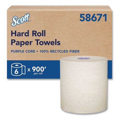 Scott 58671 100% Recycled Hard Roll Paper Towels, 1-Ply, 8" x 900 ft, Brown, 6/Carton