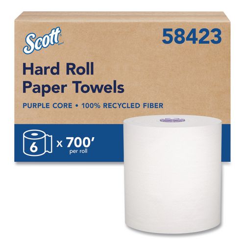 Scott 58423 100% Recycled Hard Roll Paper Towels, 1-Ply, 8" x 700 ft, White, 6/Carton