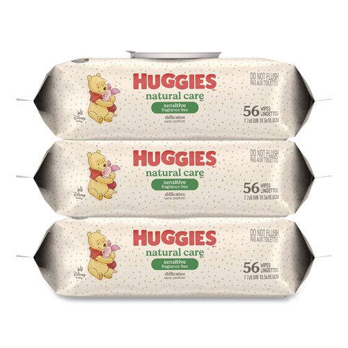 Huggies 41926 Natural Care Sensitive Baby Wipes, 6.6 x 6.86, Unscented, White, 56 Wipes/Pack, 3 Packs/Carton