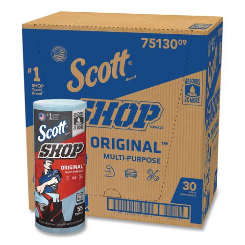Scott 75130 Shop Towels, Standard Roll, 1-Ply, 9.4 x 11, Blue, 55/Roll, 30 Rolls/Carton