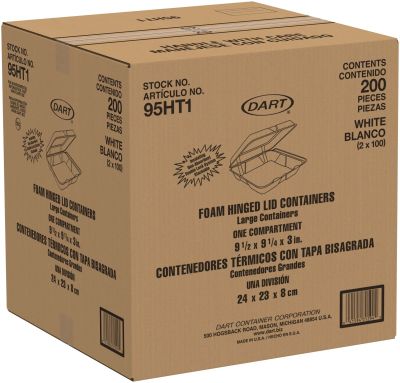 Dart 95HT1R Foam Hinged Containers (Non-Perf) Large 1 Comp 9 1/2 x 9 1/4 x 3 200/CS
