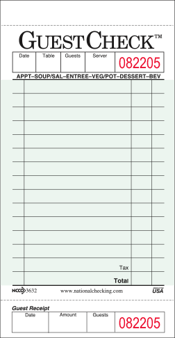 National Checking 525 Single Copy Cardboard Guest Check 3.5" x 6.75" Green Bulk Pack Medium, 50 Sheets, 50/CS