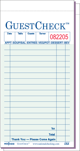 National Checking G6000 Duplicate Carbon Guest Check 3.50" x 6.75" Green Bulk Pack Med, 50 Sheets, 50/CS