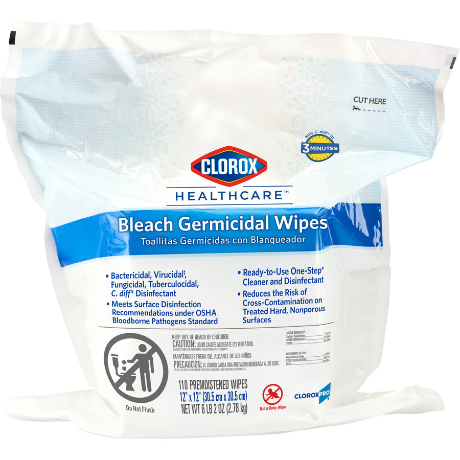 Clorox 30359 Healthcare Bleach Wipes 110 Count Refill Germicidal 2/CS