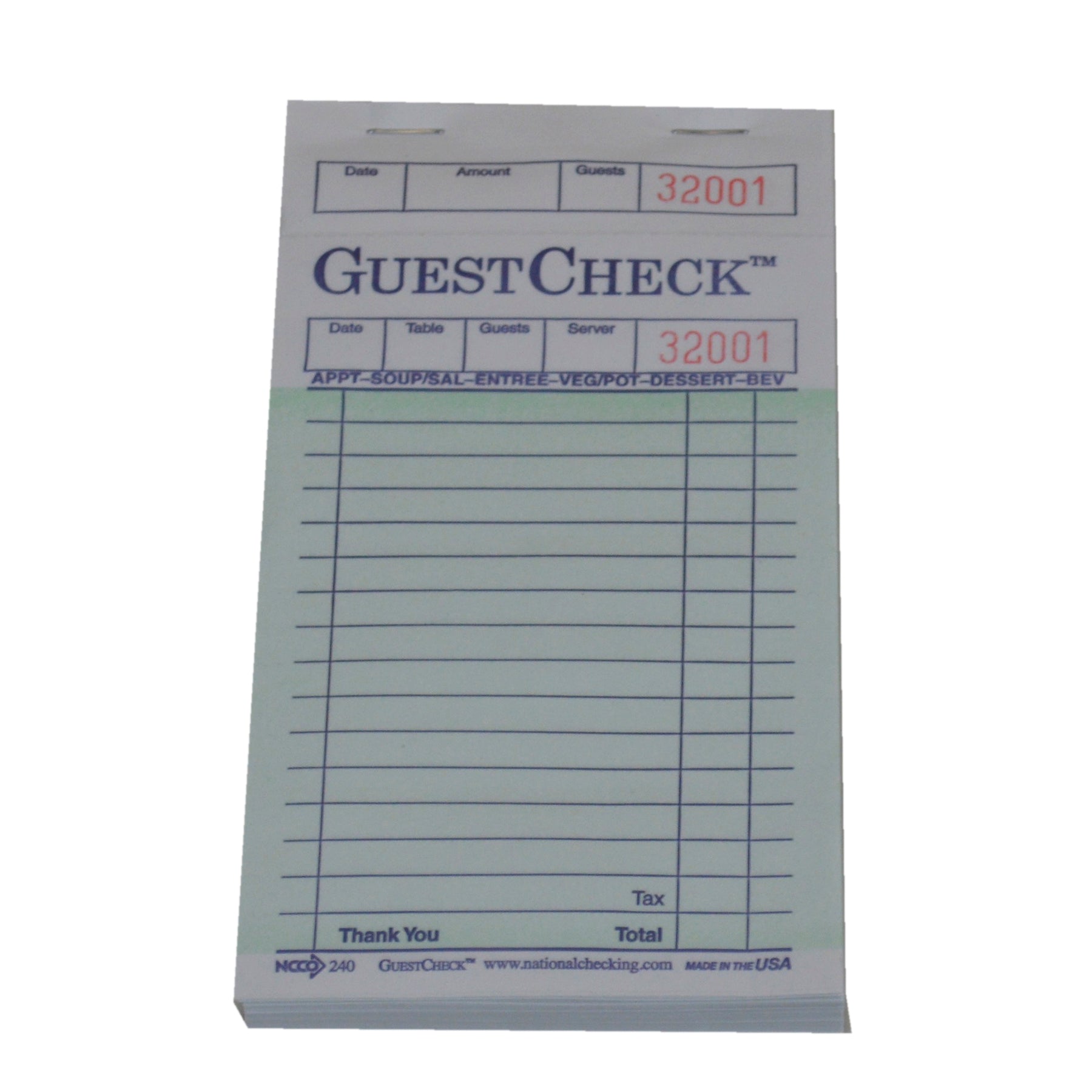 National Checking 240-50 Single Copy Paper Guest Check 3.5" x 6.75" Green Bulk Pack Medium, 100 Sheets, 50/CS