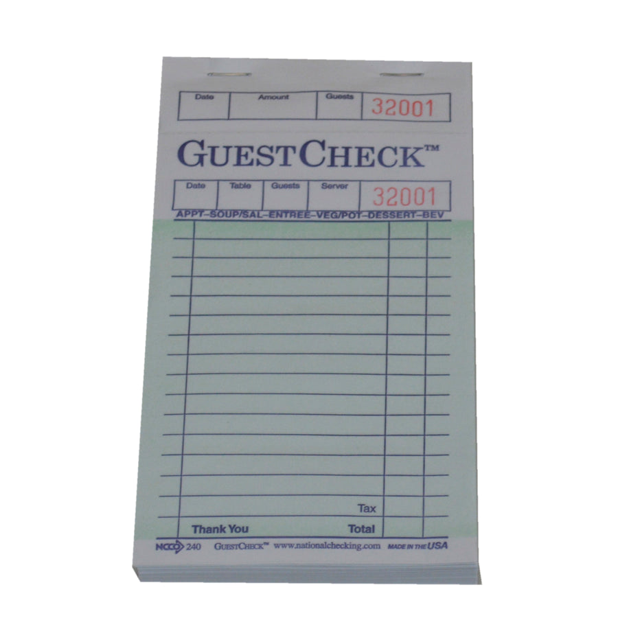 National Checking 240-50 Single Copy Paper Guest Check 3.5" x 6.75" Green Bulk Pack Medium, 100 Sheets, 50/CS