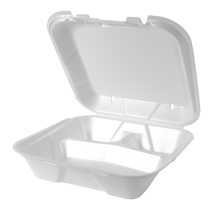 Genpak SN203V Vented 3-Comp Hinged Container 9-3/16"x9-9/16"x2-21/32" White Foam 200/CS