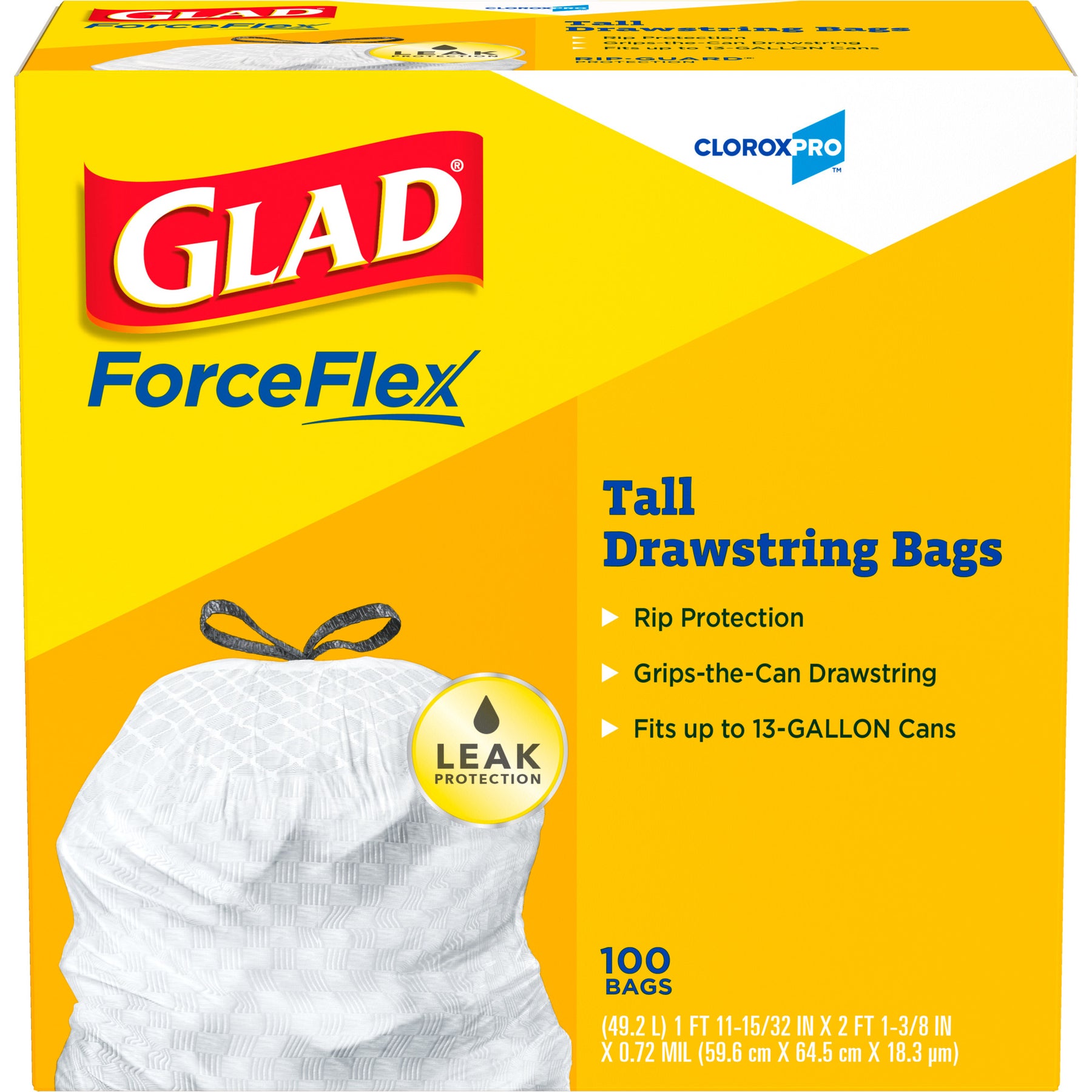 Clorox 78526 Glad Tall Drawstring Trash Bags 13 Gallon 100 Count 4/CS