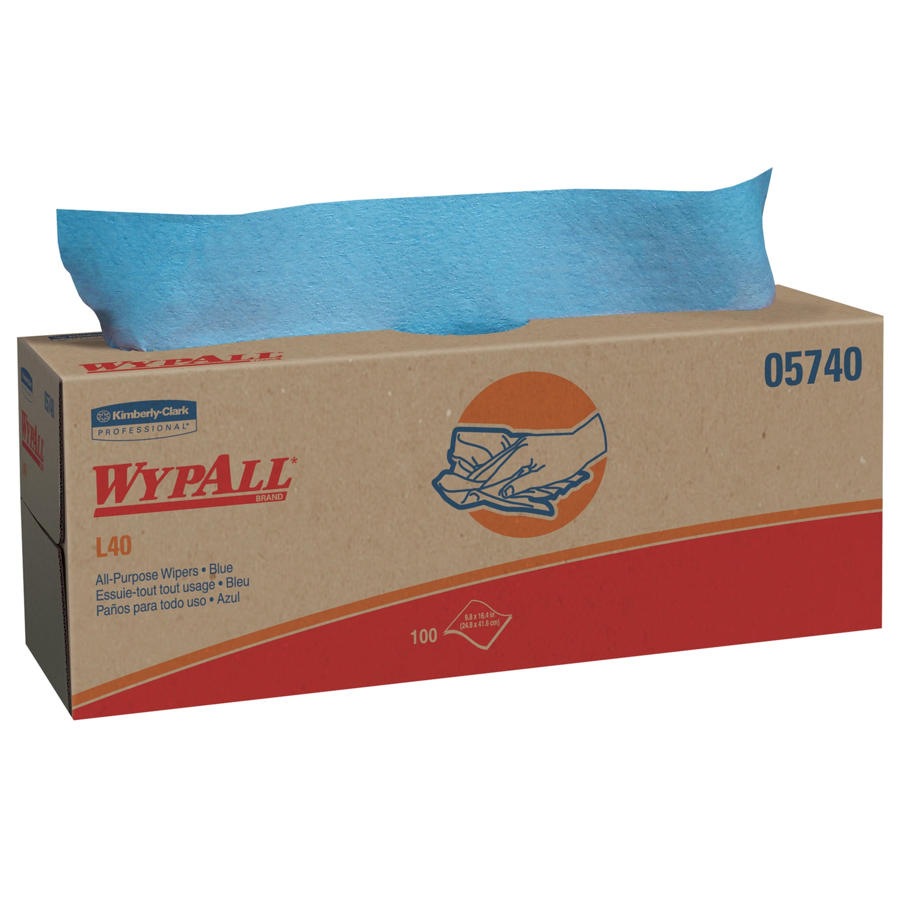 Wypall 05740 WYPALL L40 Wipers Blue 16.4" x 9.8" POP-UP Box 100 Wipes, 9/CS