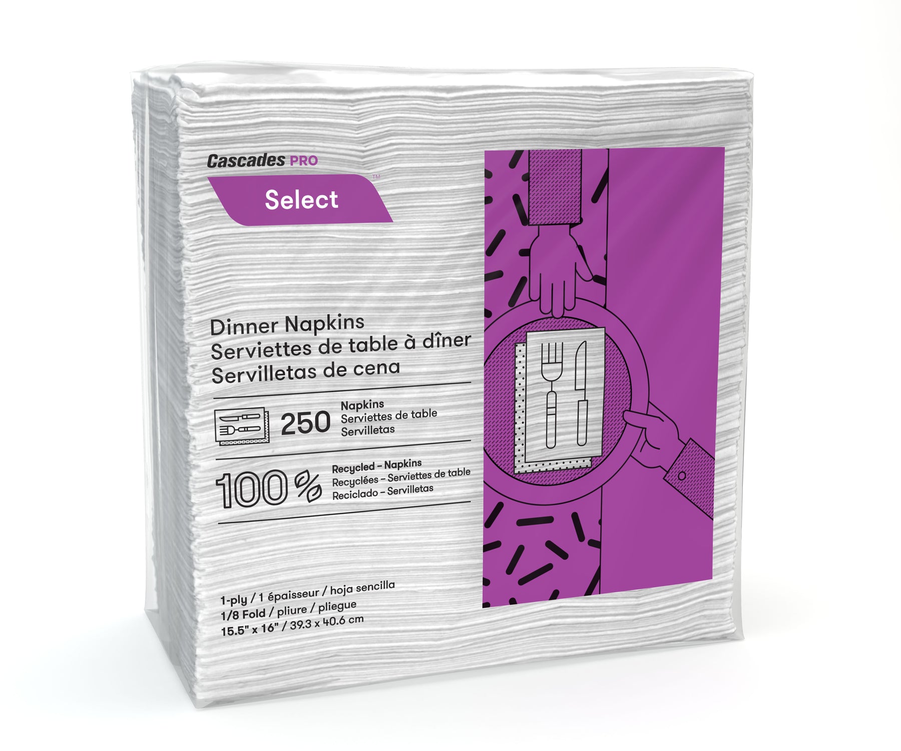 Cascades PRO N050 Select 1/8 Fold Dinner Napkin White 16" X 15" 1-Ply 250 Sheets, 12/CS