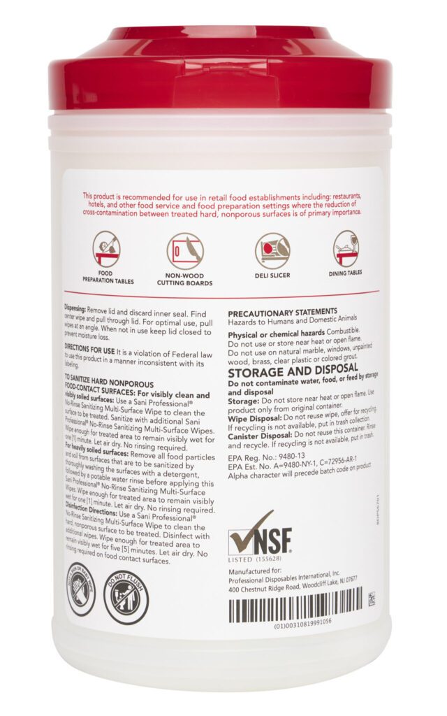 Sani Professional P66784 No Rinse Sanitizing Wipes XL 7.75" x 5" 175 Count 6/CS