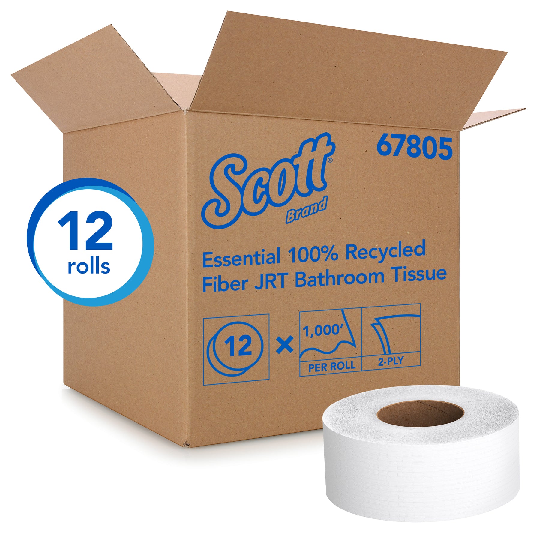 Scott 67805 Scott JRT Jr. Bathroom Tissue White 3.55" x 1000' 100% RF 12/CS