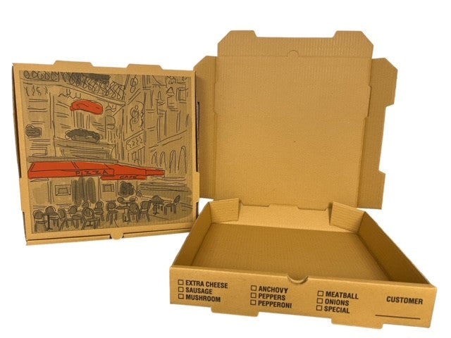 Nemco 300221 12x12x2 Kraft Print Pizza Cafe Box Kraft / Kraft B Flute 50/CS