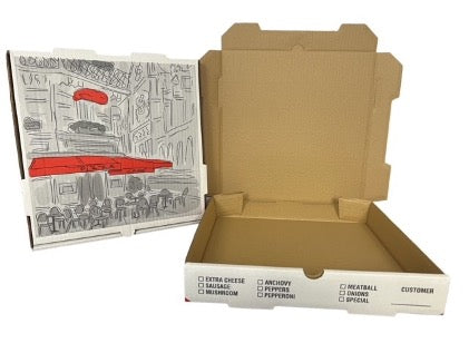 Nemco 300023 12x12x2 White Print Pizza Cafe Box White / Kraft B Flute 50/CS