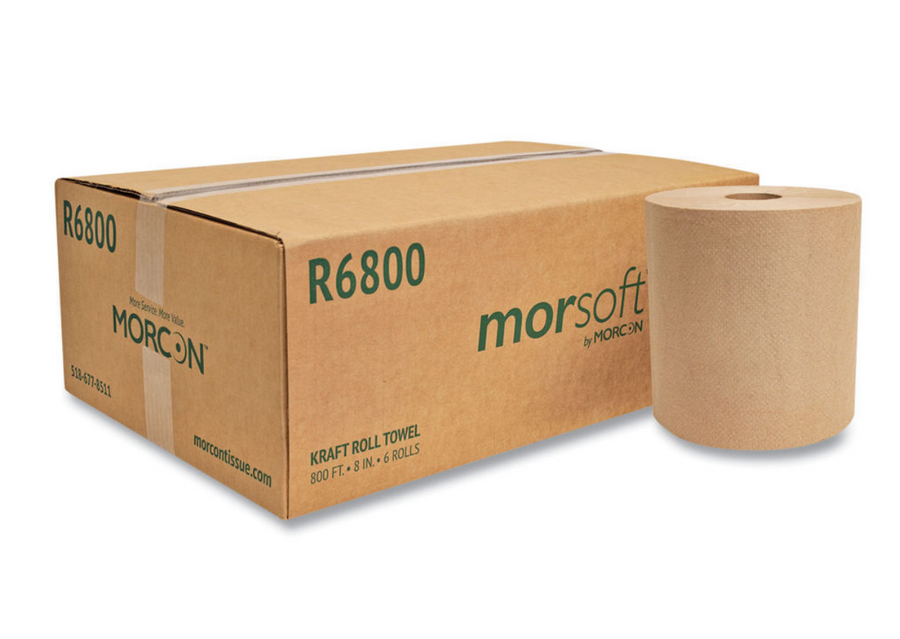 Morsoft R6800 8" Universal Hardwound Roll Towel Kraft 1-Ply 2" Core 800' 6/CS