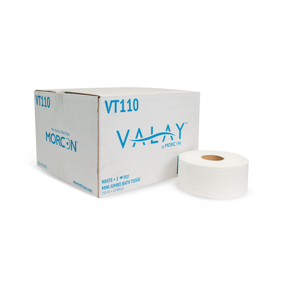 Morcon VT110 Valay Mini Jumbo Bath Tissue White 2-Ply 750' 2.3" Core 12/CS