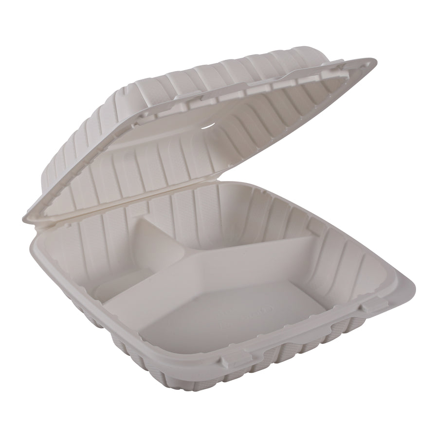 Empress Earth EPPHL-93 Hinged Container Mineral Filled PP 9" x 9" x 3" Natural 3-Compartment 150/CS