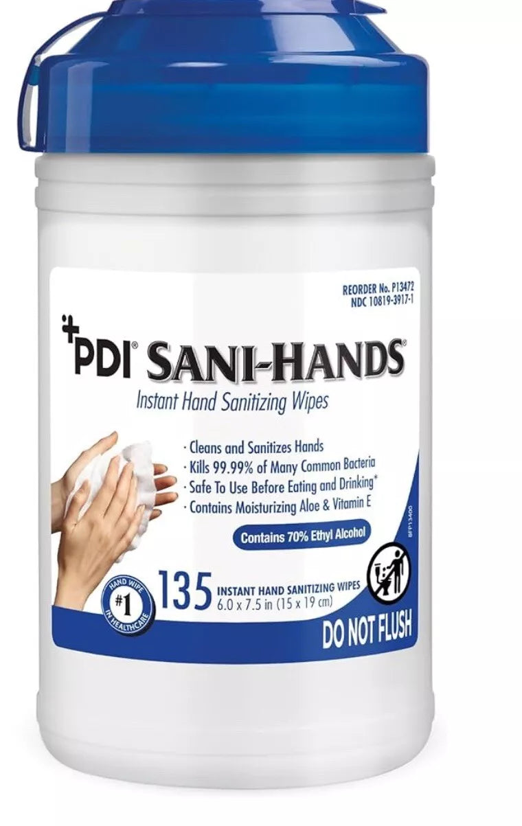 PDI P13472 Sani Hands Hand Sanitizing Wipes Medium Canister 135 Wipes, 12/CS