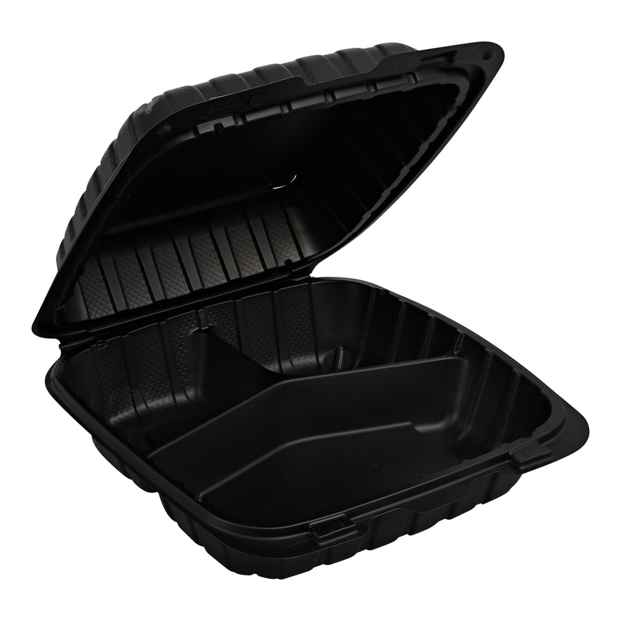 Empress Earth EPPHLB-83 Hinged Container Mineral Filled PP 8" x 8" x 3" Black 3-Compartment 150/CS