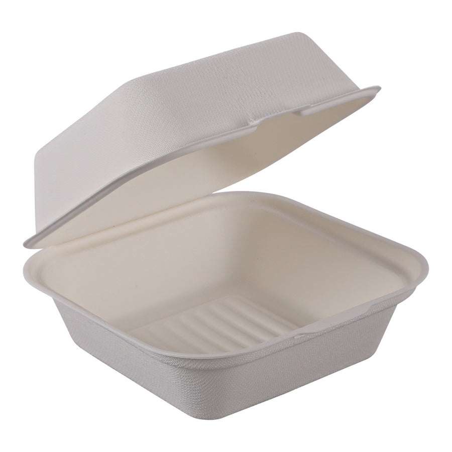 Empress Earth EHL-66-PF Hinged Container Molded Fiber 6"x 6" x 3" Natural White PFAS Free 500/CS