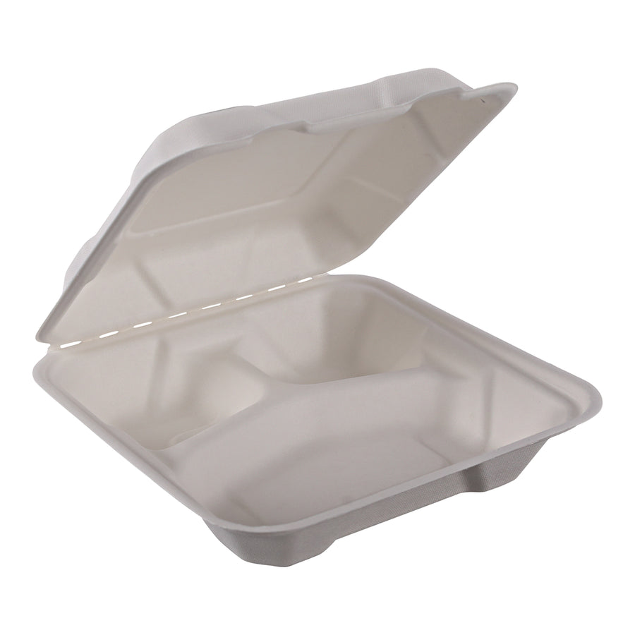 Empress Earth EHL-83-PF Hinged Container Molded Fiber 8" x 8" x 2.5" Natural White 3-Comp 200/CS