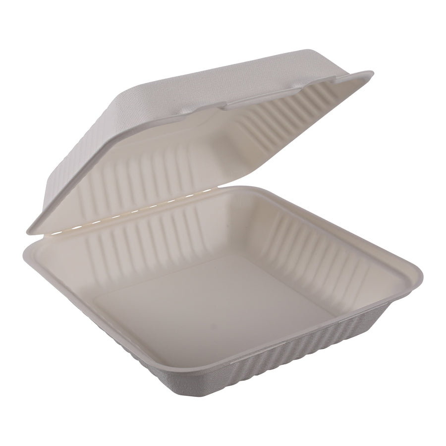 Empress Earth EHL-91-PF Hinged Container Molded Fiber 9"x9"x3" Natural White PFAS Free 200/CS