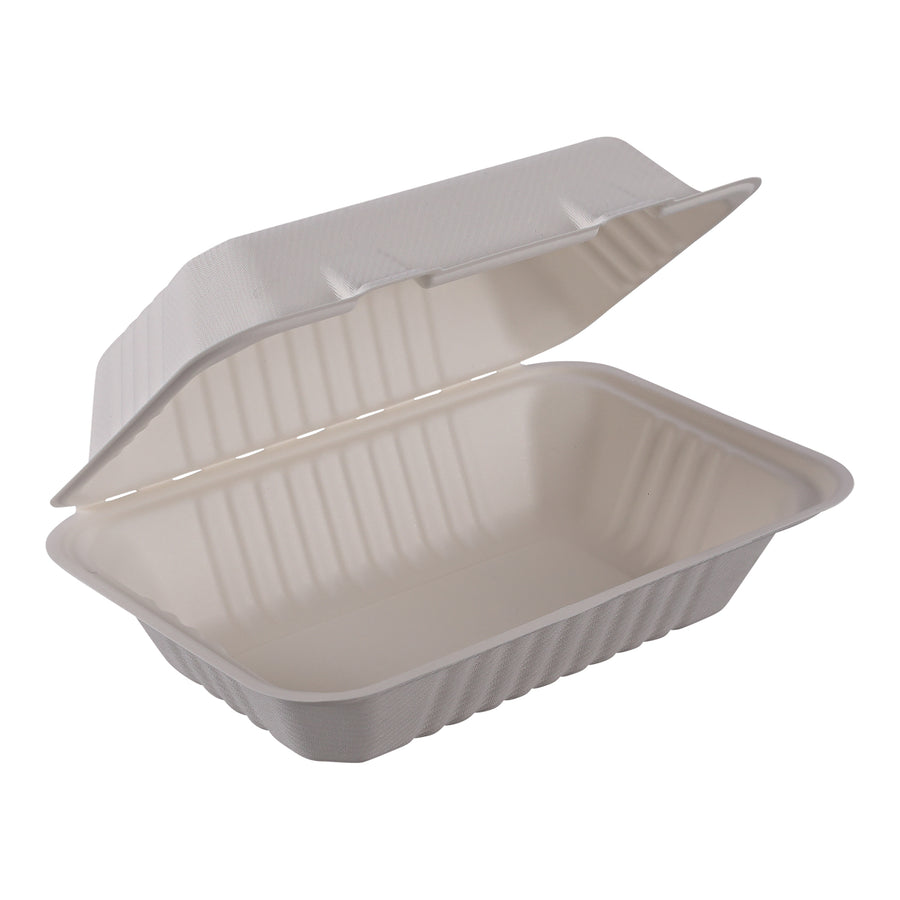 Empress Earth EHL-96-PF Hinged Container Molded Fiber 9"x6"Hoagie Natural White PFAS Free 250/CS