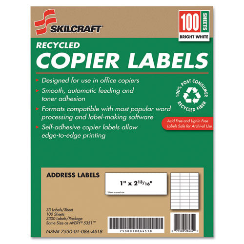 Abilityone 7530010864518 7530010864518 Skilcraft Recycled Copier Labels, Copiers, 1 X 2.81, White, 33/sheet, 100 Sheets/box