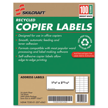 Abilityone 7530012074363 7530012074363 Skilcraft Recycled Copier Labels, Copiers, 1.38 X 2.81, White, 24/sheet, 100 Sheets/box