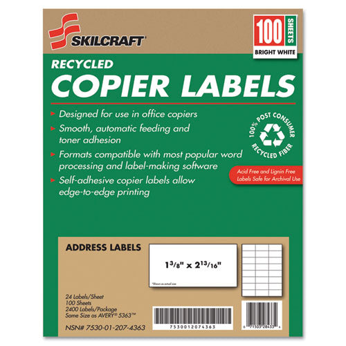 Abilityone 7530012074363 7530012074363 Skilcraft Recycled Copier Labels, Copiers, 1.38 X 2.81, White, 24/sheet, 100 Sheets/box