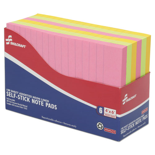 Abilityone 7530014181212 7530014181212 SKILCRAFT Self-Stick Note Pads, Note Ruled, 4" x 6", Assorted Neon Colors, 100 Sheets/Pad, 6 Pads/Pack