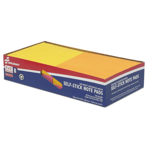 Abilityone 7530014181281 7530014181281 SKILCRAFT Self-Stick Note Pads, 3" x 3", Assorted Neon Colors, 100 Sheets/Pad, 6 Pads/Pack