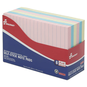 Abilityone 7530014560684 7530014560684 SKILCRAFT Self-Stick Note Pad Set, Note Ruled, 4" x 6", Assorted Colors, 100 Sheets/Pad, 6 Pads/Pack
