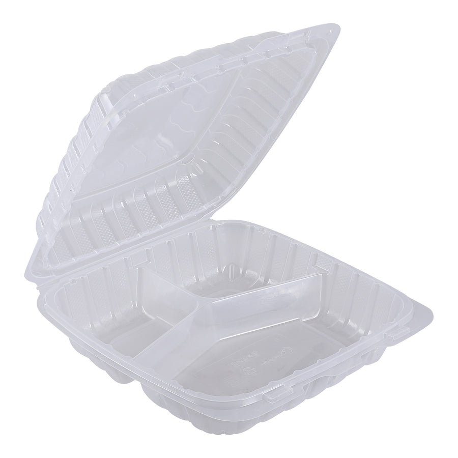 Empress ECLPPHL-93 PP Hinged Container Vented Clear 9" x 9" 3 Compartment 150/CS