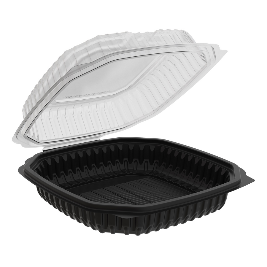 Anchor Packaging 4691031 / CL91031 Microwavable Hinge Vented Container BLK/CLR Poly Pro 3 Comp 10.5x9.5x3 120/CS