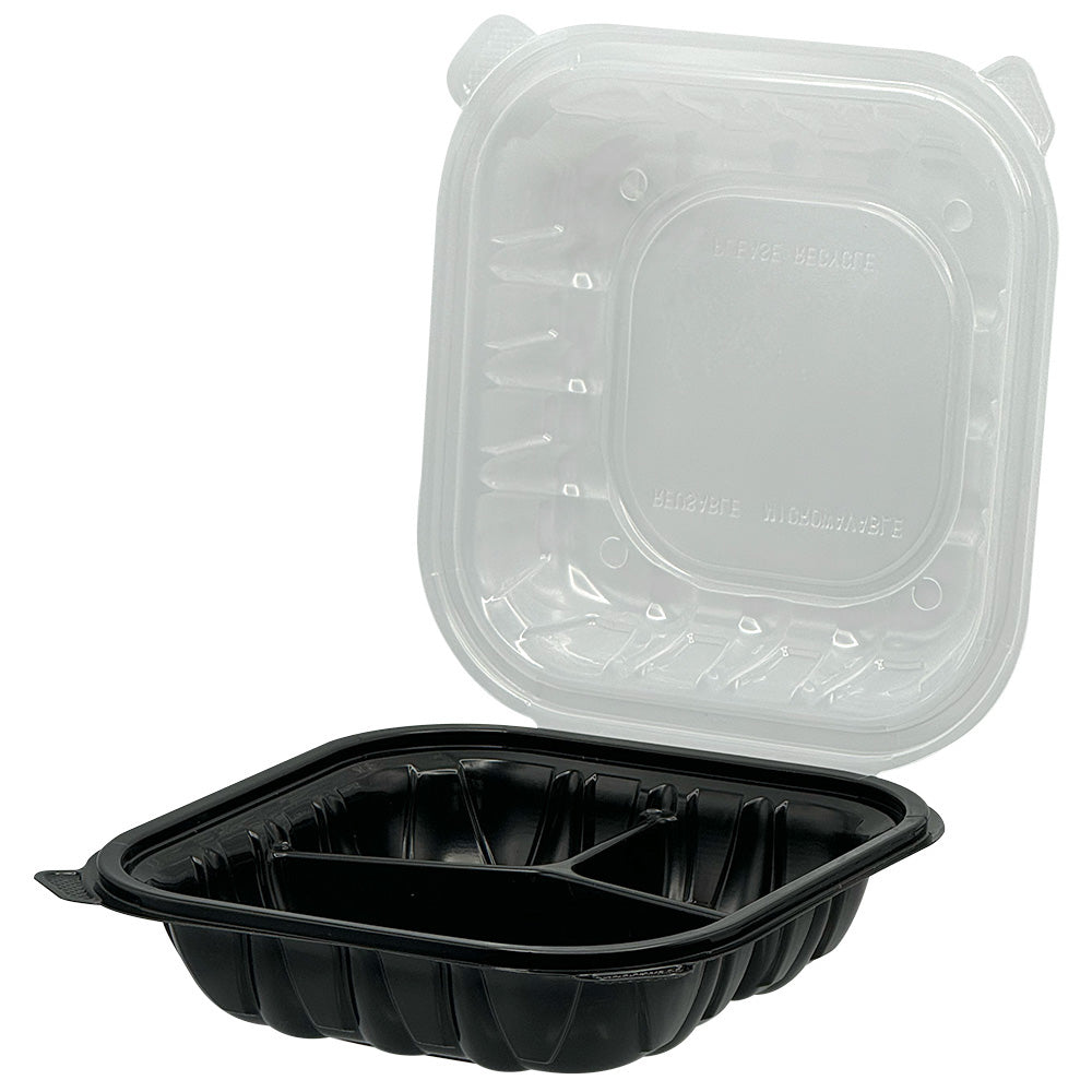 Empress EHLPPBKCL-93 PP Hinged Container Black/Clear Lid 9" x 9" x 3" , 3 Comp , Vented 150/CS
