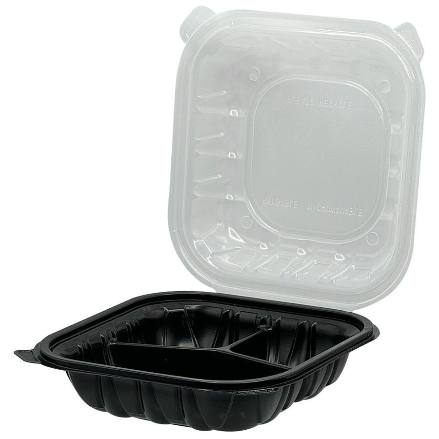 Empress EHLPPBKCL-83 PP Hinged Container Black/Clear Lid 8" x 8" x 3" , 3 Comp , Vented 180/CS