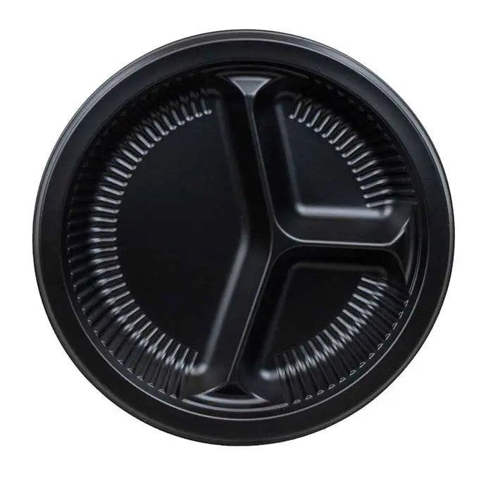 Genpak GWR813-3L 3-Compart Round Ribbed Plate 10 inch, Black 400/CS
