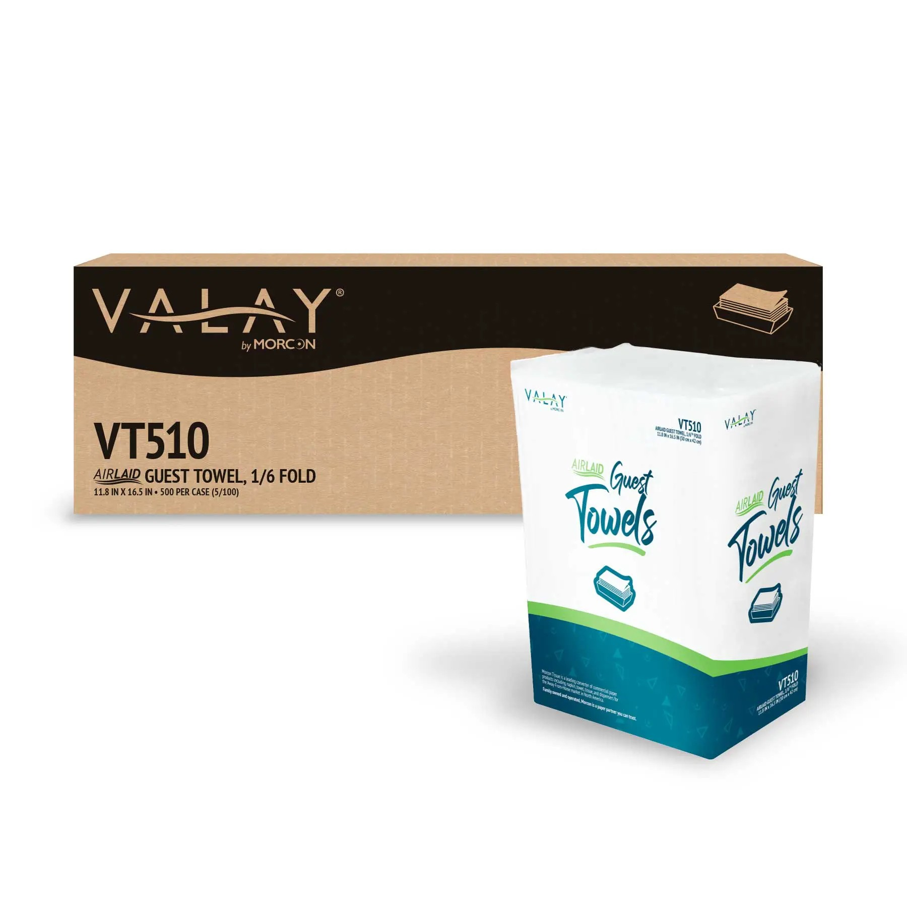 Morcon VT510 11.81" x 16.53" Valay Guest Towel Airlaid, White, 1-Ply, 1/6 Fold 500/CS