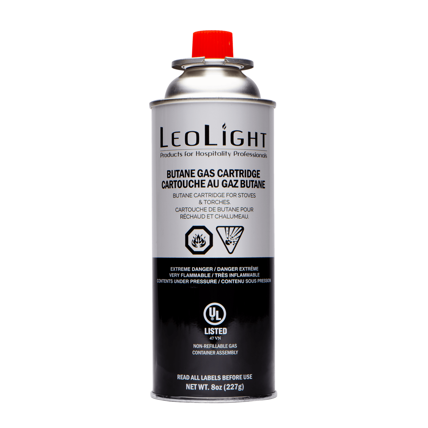 Leolight BUT-12 LeoLight Butane Gas Canisters 8 oz , Black/Grey 2.64" x 7.28" 12/CS