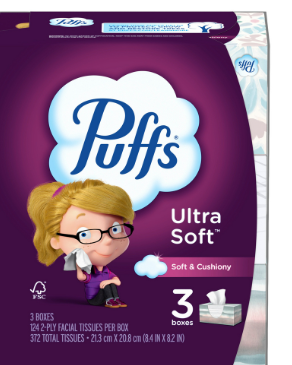 Puffs 35520 Puffs Ultra Soft Facial Tissues 3-Pks 124 ct, Family Size 24/CS