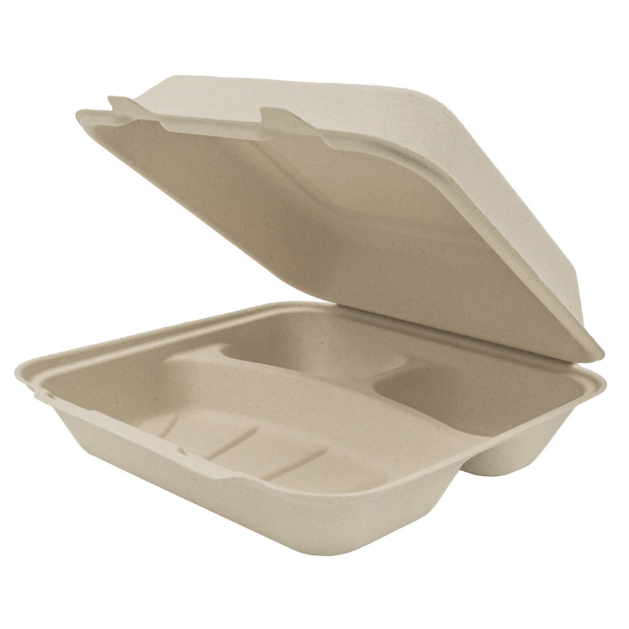 Genera TCA9X93CB200IN Hinged Container Molded Fiber 9"x9"x3" Natural Color 3C PFA Free 200/CS